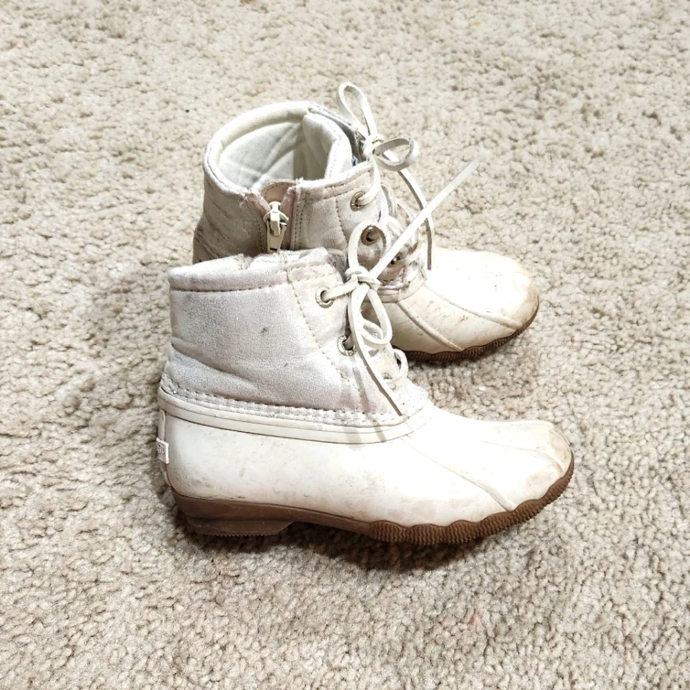 Sperry Top Sider Saltwater Duck Boot Pearlized Shiny Ivory White Girl's Size 10